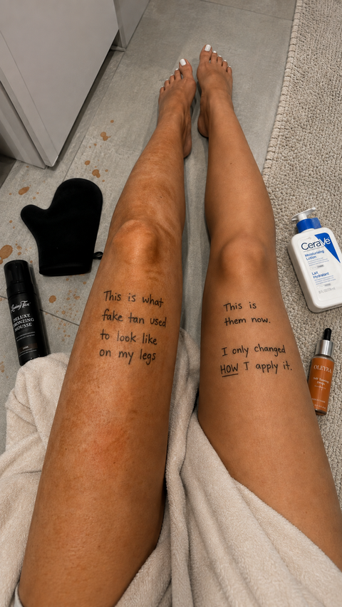 Side by side legs showing patchy mousse application and an even tan after changing application method