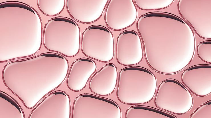 Beads of liquid on a pink surface