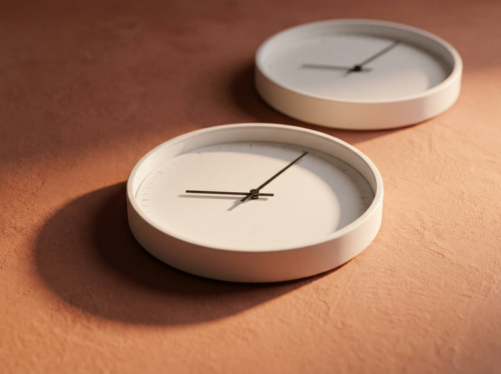 Two clocks on a terracotta ground, one behind the other