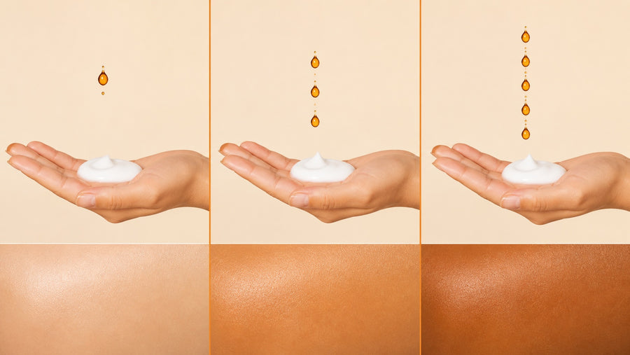 Three-panel diagram showing a cautious, medium and deeper number of tanning drops mixed into moisturiser
