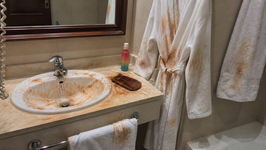 Hotel sink, towels and robe stained after a rushed self-tan application