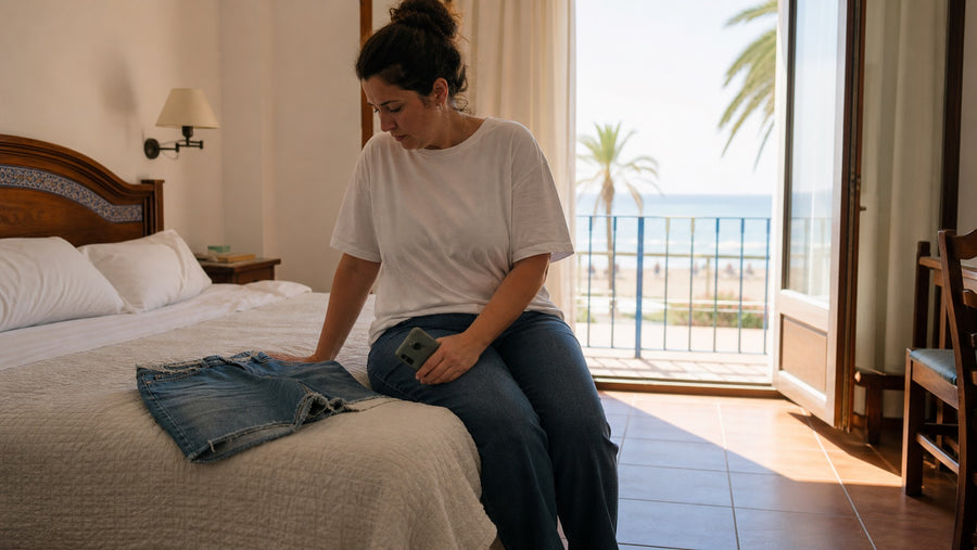 Woman sitting on a hotel bed in heavy jeans while shorts remain unpacked beside her