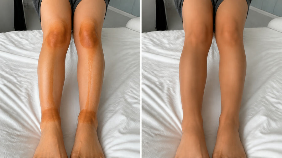Close comparison of patchy orange tan around a knee and ankle beside smoother natural-looking colour