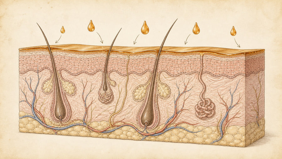 Scientific cutaway diagram showing cosmetic self-tan colour developing in the outer layer of skin